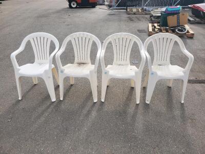 Set of 4 White Stackable Plastic Patio Chairs, Armrests, Outdoor Use, 250 lbs Capacity