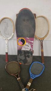 Vintage Valterra Skate Zombie Skateboard & 4 Assorted Tennis Racquets (Spalding, Leach, Sure Shot)