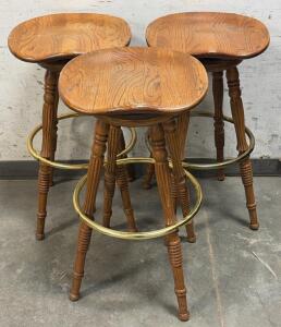 H.W. Hill & Sons Oak Bar Stools, Brass Footrest, Set of 3, Saddle Seat, 29" Height, Gardena CA
