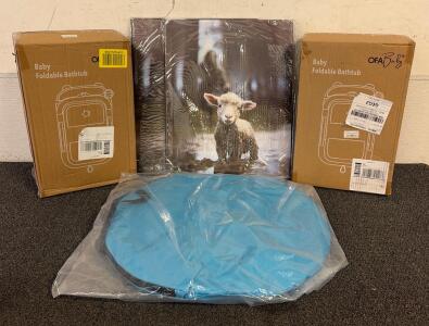 (2) Baby Foldable Bathtubs In The Colors Pink And Grey, (1) Foldable Baby Pop-Up Tent, And (2) Baby Lamb Canvas Pictures