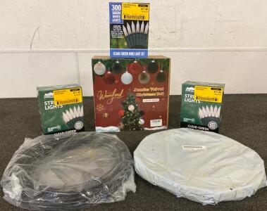 Jumbo Velvet Christmas Ball Ornaments, (3) Boxes Of New String Lights, And Wire Wreath Bases