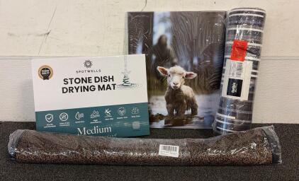 (1) Spotwells Stone Dish Drying Mat, (1) LUMI Outdoor Doormat, (1) Density Memory Foam Kitchen Mat, And More!!