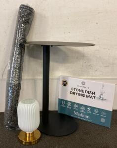 Metal 24&rdquo; Side Table, LUMI Outdoor 36&rdquo;x59&rdquo; Gray Rug, White And Gold Milk Glass Lamp, And Spotwells Stone Dish Drying Mat