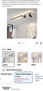 Modern LED Ceiling Light with 2 Spotlights 60W Black Linear Flush Mount Light Fixture with Remote Control Dimmable 47.24Inch Long