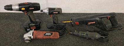 (2) Craftsman Drills, Craftsman Saw, Skil Angle Grinder, Genesis Rotary Tool
