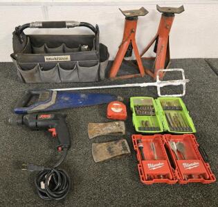 Tool Lot Featuring Skil Corded Drill, Jack Stands, Milwaukee Bit Sets, Hand Saw & More