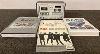 Vintage Sears AM/FM, Stereo, Cassette, 8 Track Player, World Encyclopedia Of Cars And Beatles Books
