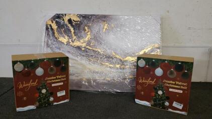 Woonfond Jumbo Velvet Christmas Ball Ornaments 4-Pack (6") x2 & Abstract Gold Accent Canvas Art 36x24