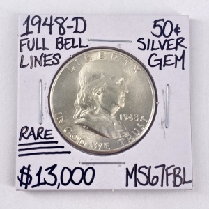 1948-D MS67FBL Rare Franklin Half-Dollar