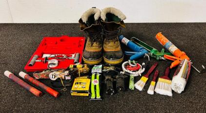 Sorel NM1481-334 Size 10 Winter Boots, Safety Seal Tire Plug Kit, Ratchet Straps, Caulk Guns & Tools