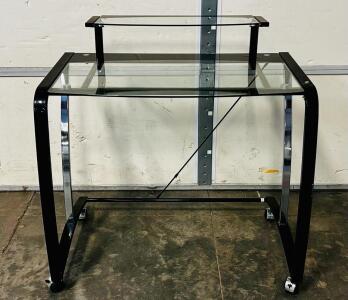 Rolling Glass Top Computer Desk, Two Tiers, Black Metal Frame, Casters, 32"x24"x35" Approx.