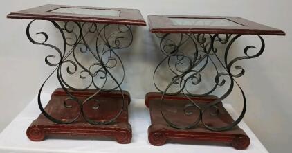 (2) Matching Scrolled Iron And Wood Accent Tables With Glass Tops 20" Square 22" Tall