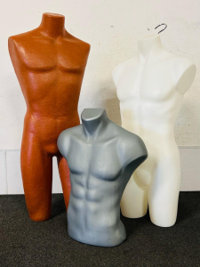 Three Male Torso Mannequin Display Forms &ndash; White, Brown, Gray &ndash; Polyethylene & Fiberglass, 29-37&rdquo; Tall