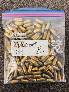9mm Luger Mixed-Headstamp Reloads, 125 gr Lead Bullets, Approx. 80 Rounds, Brass Cases/ Some Nickel Plated