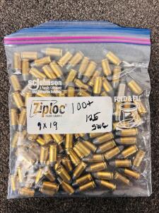 9mm Luger Mixed-Headstamp Reloads, 125 gr Lead Bullets, Approx. 100 Rounds, Brass Cases/ Some Nickel Plated