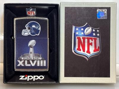 Seattle Seahawks Super Bowl XLVIII NFL Zippo Lighter, Brushed Chrome, In Box, 2014 Commemorative