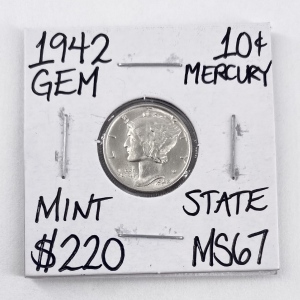 1942 MS67 Gem Mercury Silver Dime