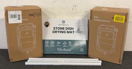 (2) Baby Foldable Bathtubs In the Colors Pink And Yellow, (1) Spotwells Stome Dish Drying Mat, And More!!