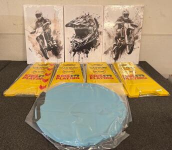 (3) Motorbike Canvas&rsquo;, (4) Caution Kids At Play Signs, And (1) Baby Pop Up Tent For The Beach!!