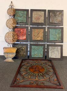 Colorful Metal Wall Art Set&mdash;Floral 9-Panel, Sun Face, & Scroll Planter, Patina Finish