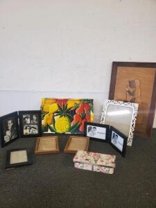 Assorted Lot: 7 Picture Frames, Paris Jewelry Box, Hand Painted Tray, Marquetry Art, Decorative Styles