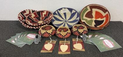 Fair Trade Rwandan Handwoven Basket & Full Circle Ornaments Lot, Artisan-Signed, Multicolor Set