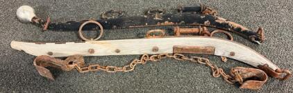 Antique Horse Drawn Wooden & Iron Neck Yokes with Chain and Hooks, Collectible Farm Hardware