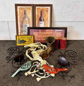 Mixed Lot Home Decor &ndash; Framed Wine Art (10"x22"), Metal Birds, Sconces, Plant Hanger, Candles, and More