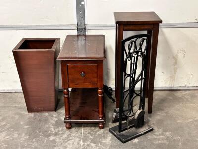 Mixed Lot: Wood End Table w/ Power & USB (12"x 22"x 23"), Tall Unbrella Holder/ Planter (12"x22"), Plant Stand/Table (13"x13"x30") , Fireplace Tool Set