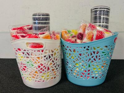 (7) KHELO Lime Themed Towels, (2) Memory Foam Mats, and (2) Rubber Baskets