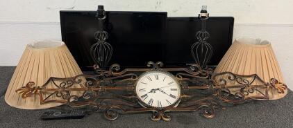 Samsung 26" & Philips 22" TVs, 2 Metal Lamps w/Shades, Ornate Wall Clock, Remote Included