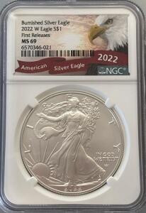 2022 W Burnished American Silver Eagle MS69 NGC, 1 oz .999 Fine Silver, First Releases