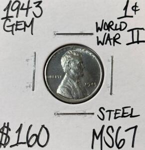 1943 MS67 WORLD WAR II GEM STEEL CENT