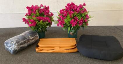 (2) Artificial Morning Glory Plants - (2) Unused Black Seat Cusins - Unused Car Carrier/Organizer