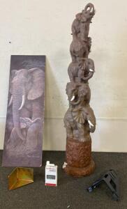 Elephant Todem Pole 45&rdquo; Tall (Damage on the Base) - Unframed Elephant Art 12&rdquo;x36&rdquo; and More