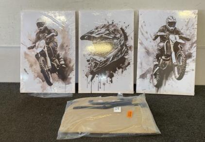 (3) Unframed Motorcycle Pictures and Car Seat Back Organizer