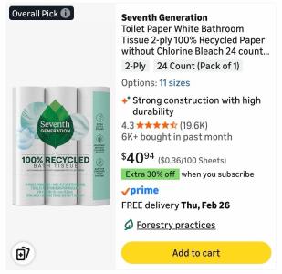 (1) Box Of Seventh Generation Toilet Paper White Bathroom Tissue 2-ply 100% Recycled Paper without Chlorine Bleach 24 count, Pack of 2