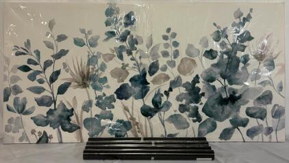 Large Blue Floral Canvas Art Print & (4) Rolls Of Matte Black Wood Grain Peel & Still Wallpaper