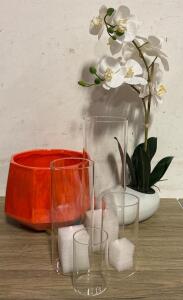 (1) Ceramic Planter Pot For Plants, (1) 4 Piece Hurricane Candle Holders Glass Clear, (1) Fake White Floral Plant in Ceramic Planter.