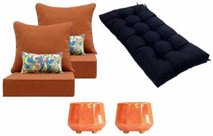 Set Of (2) Outdoor Chair Cushions (Red), Outdoor Bench Cushion (Black) & (2) 8&rdquo; Orange Ceramic Planters