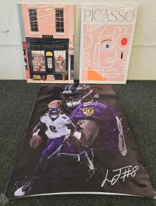 Wall Art Lot - Book Store 15.5" x 23.5", Picasso 15.5" x 23.5", Ravens Poster 23.5" x 35.5"
