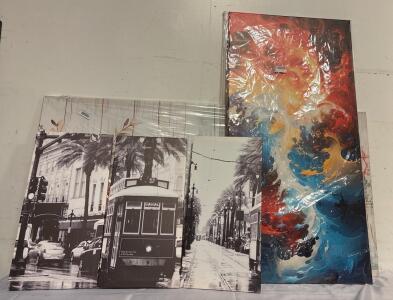 (1) Mason Jar Canvas 60&rdquo;x30&rdquo;, (1) Red Blue and Yellow Abstract Art Canvas 24&rdquo;x43&rdquo; And (1) 3 Piece New Orleans Streetcar Black and White Canvas 12&rdquo;x24&rdquo;