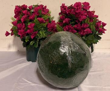 (2) 18&rdquo; Tall Morning Glory Faux Bushes In Pots And (1) 11.81&rdquo; Plant Topiary Ball
