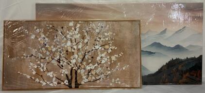 Canvas Wall Art &mdash; Mountain Range Art Print & Floral Tree Art Print W/ Wooden Frame