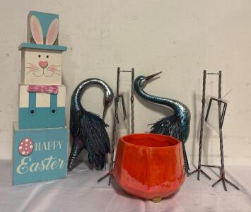 Yard Decor Lot (2) Metal Bird Yard Statues, (1) Orange Glass Planter, (1) Reversible Easter/Independance Day Block Decor
