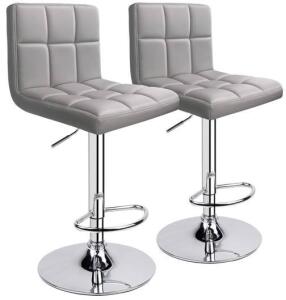 (2) Leopard Modern PU Leather Adjustable Swivel Bar Stools W/ Back (Light Grey)