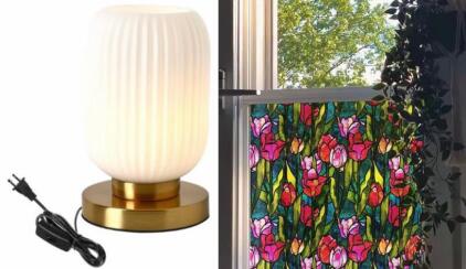 White Ribbed Milky Glass Table Lamp & (2) Rolls Of Stained Glass Tulip Window Film