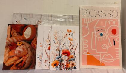 Wall Art/ Mason Jar Canvas 60&rdquo;x30&rdquo;, Picasso Canvas 24&rdquo;x36&rdquo;, (3) Floral Canvases 16&rdquo;x24&rdquo;, (1) Bread And Baking Canvas 16&rdquo;x24&rdquo;