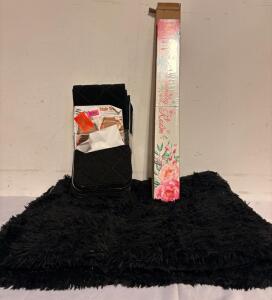 6x6 Black Furry Rug, 31.5&rdquo; White Floral Drying Rack And Black Fabric Stair Treads 9&rdquo;x36&rdquo;