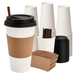 16 oz (110) Pack Disposable Paper Coffee Cups with Lids, Sleeves and Stirrers (4 Boxes)